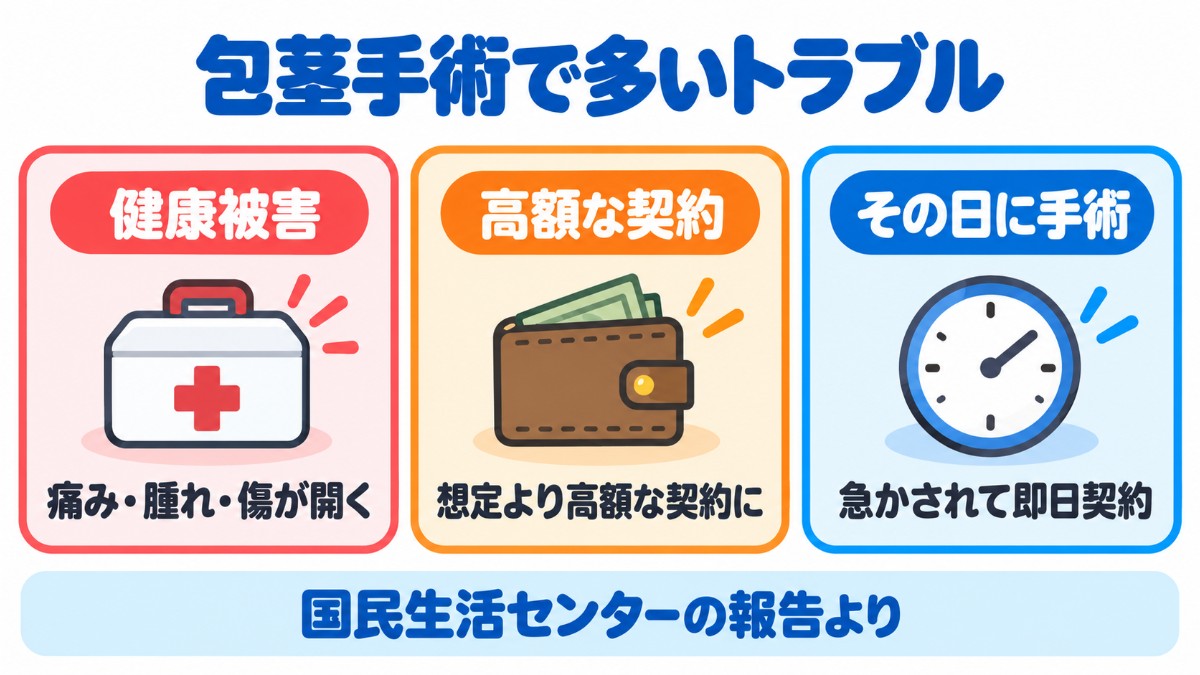 国民生活センターに寄せられた包茎手術の主なトラブル3つを示した図
