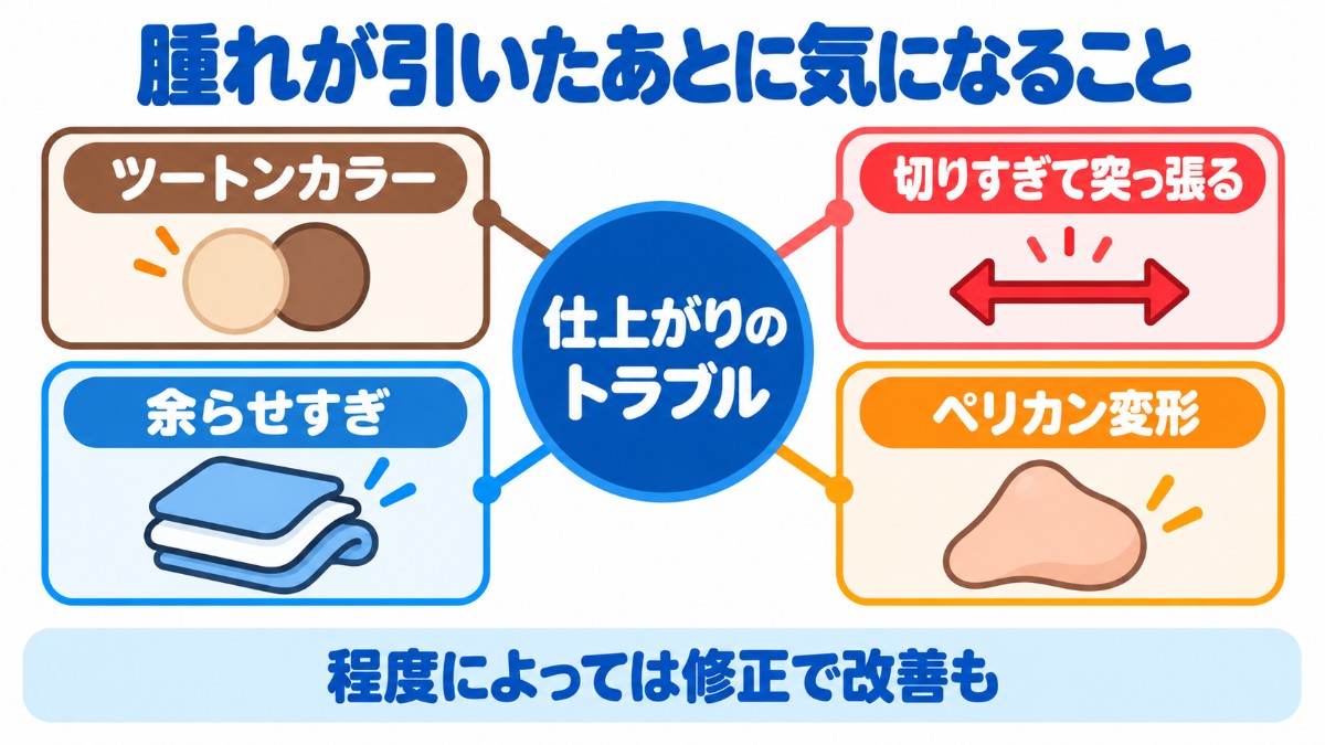 ツートンカラーやペリカン変形など、包茎手術の仕上がりのトラブルを示した図