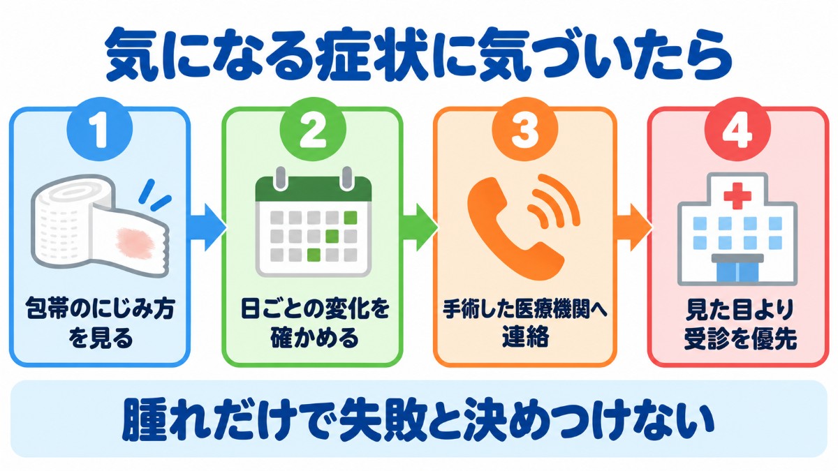 包茎手術のあとに気になる症状が出たときの動き方を、包帯のにじみ方を見る、日ごとの変化を確かめる、手術した医療機関へ連絡する、受診を優先するの4ステップで示した図