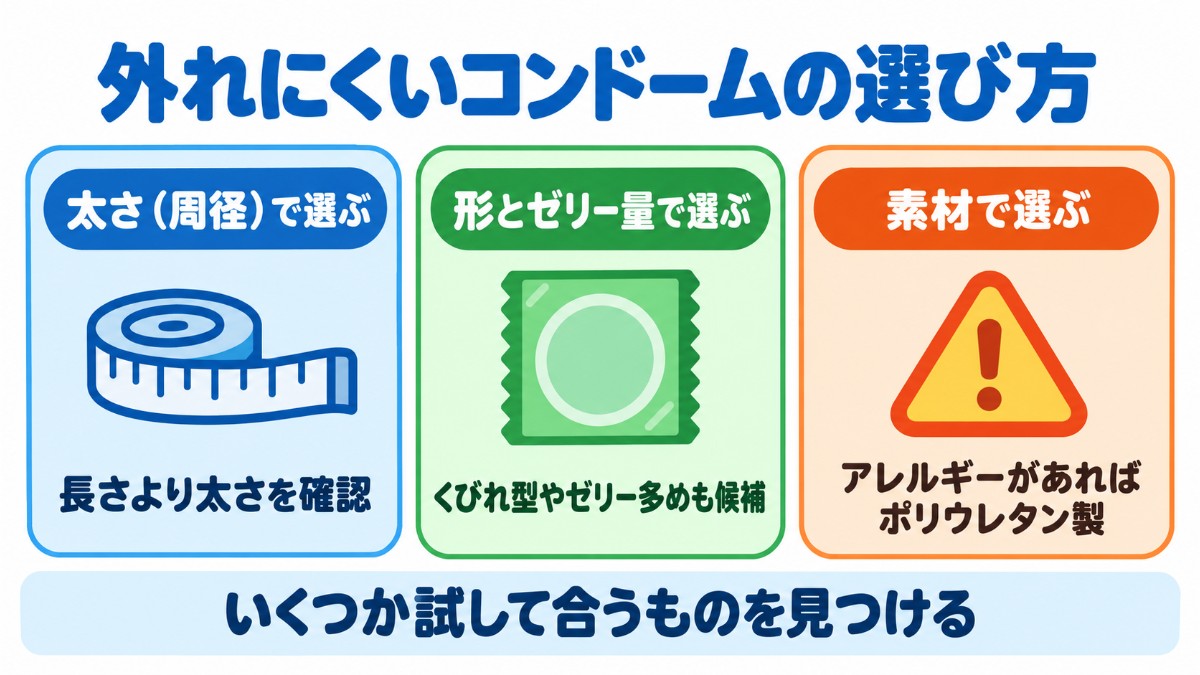 外れにくいコンドームの選び方を、太さ（周径）・形とゼリーの量・素材（アレルギーがある場合はポリウレタン製）の3つの観点で示した図