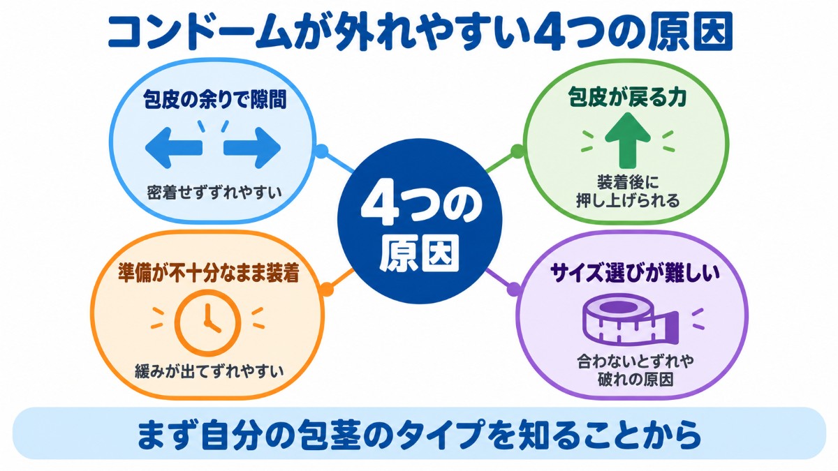 包茎でコンドームが外れやすい原因を、包皮の余りによる隙間・包皮が戻る力・準備不足での装着・サイズ選びの難しさの4つに整理した図