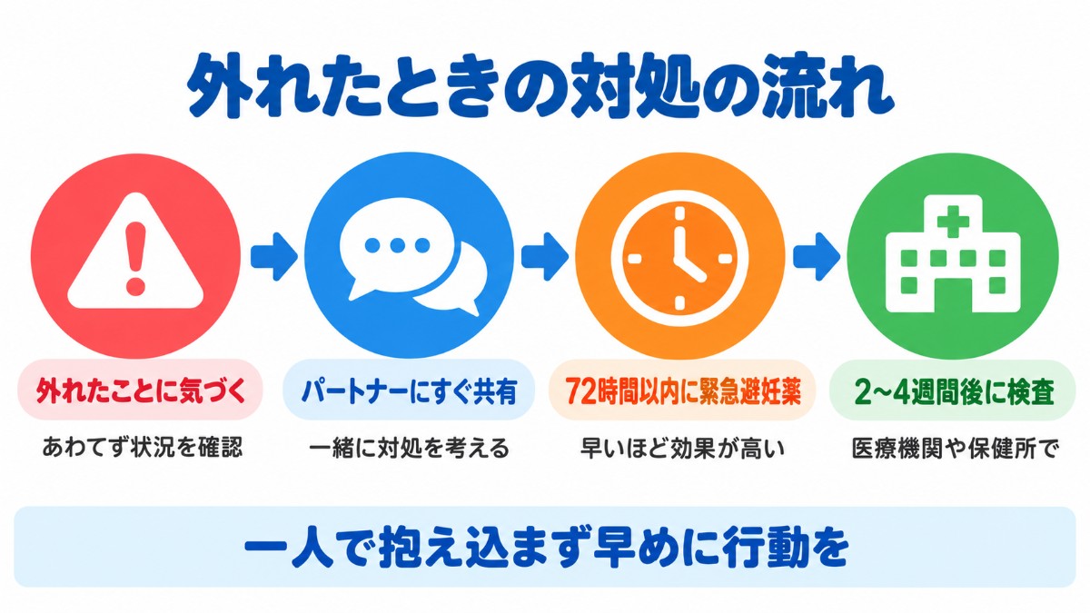 コンドームが外れたときの対処を、パートナーへの共有・72時間以内の緊急避妊薬・2〜4週間後の性感染症検査の流れで示した図