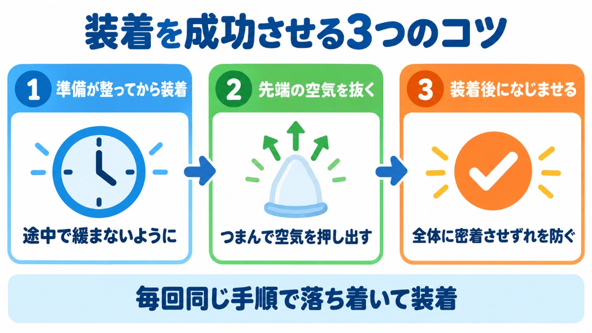 包茎の人がコンドームの装着を成功させるコツを、準備が整ってから装着・先端の空気を抜く・装着後になじませるの3つの手順で示した図