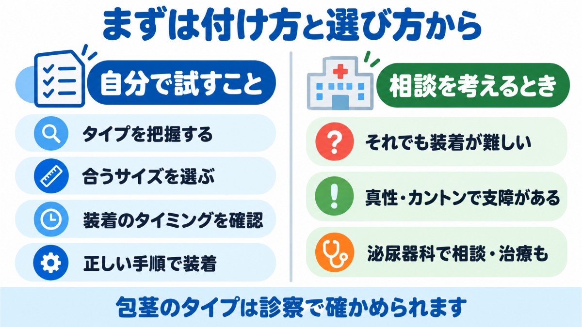 まとめとして、まず自分で試すこと（タイプの把握・サイズ選び・装着のタイミングと手順）と、泌尿器科への相談を考えるときを左右で比べた図