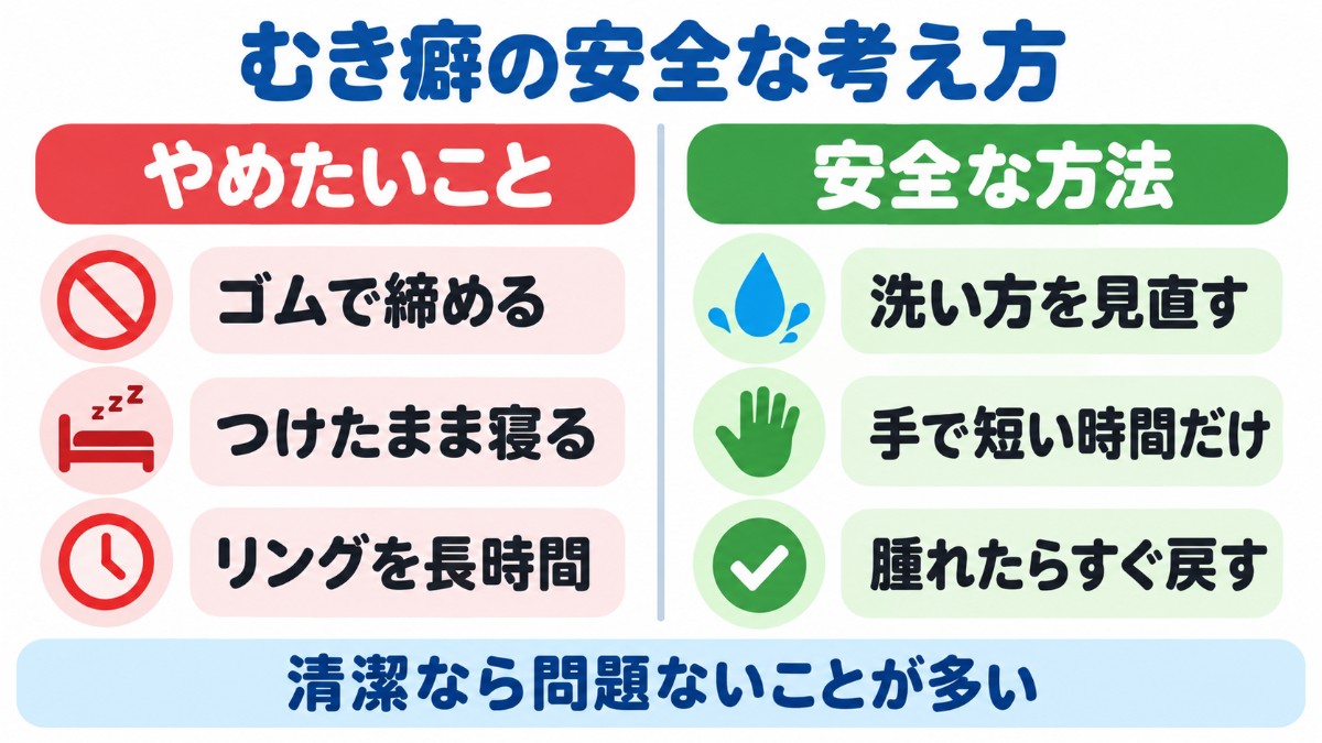 むき癖をつけたいときの安全な考え方を左右で比べた図