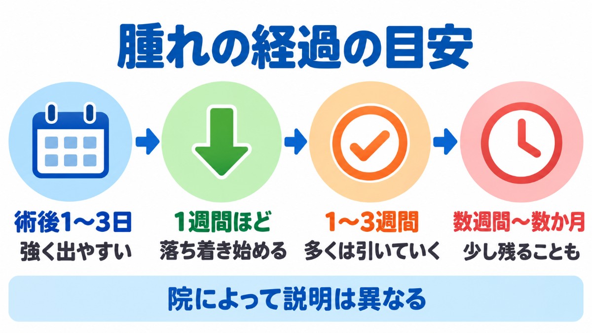 包茎手術後の腫れの経過の目安を時間の流れで示した図
