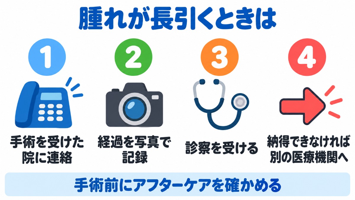 腫れが長引くときの相談の流れを番号つきで示した図