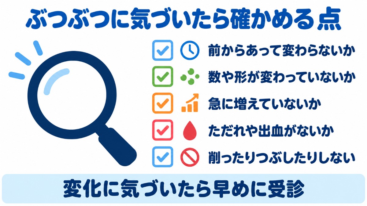 亀頭のぶつぶつに気づいたときに確かめたい点（前からあって変わらないか、数や形の変化、急に増えていないか、ただれや出血、削ったりつぶしたりしない）を並べたチェックリストの図