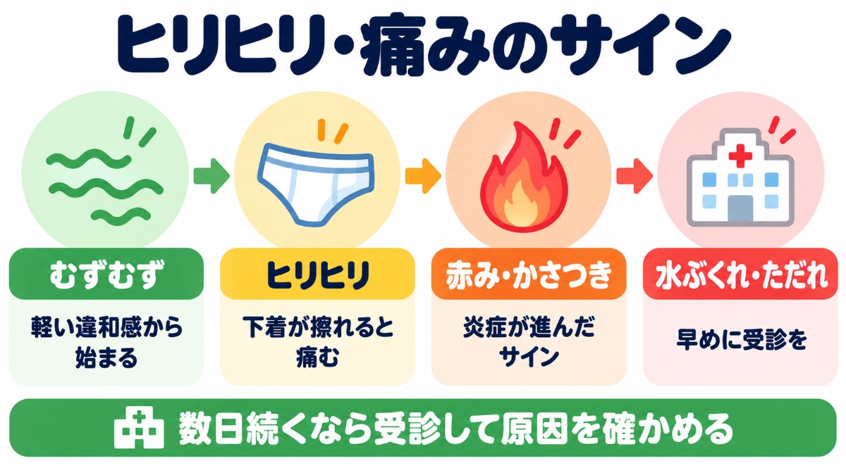 亀頭のむずむずから水ぶくれ・ただれまで、痛みのサインの進み方を示した図