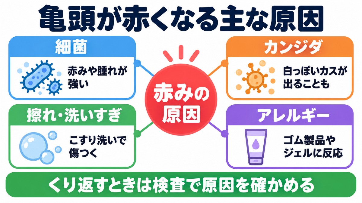 亀頭の赤みの原因を細菌・カンジダ・擦れや洗いすぎ・アレルギーの4つで整理した図