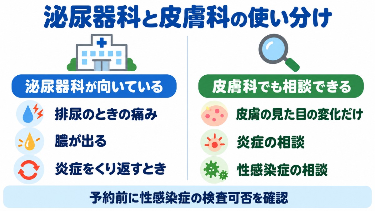 亀頭の症状で泌尿器科が向いているとき（排尿時の痛み・膿・くり返す炎症）と皮膚科でも相談できるとき（見た目の変化だけ・炎症・性感染症）を左右に比べた図