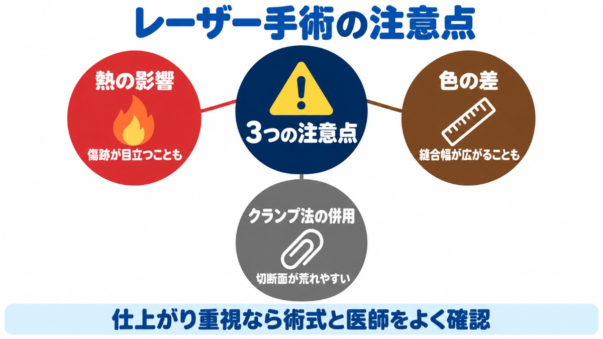 レーザーを使った包茎手術の3つの注意点（熱の影響で傷跡が目立つことがある、縫合幅が広がりツートンカラーの原因になることがある、クランプ法との併用で切断面が荒れやすい）を示した図