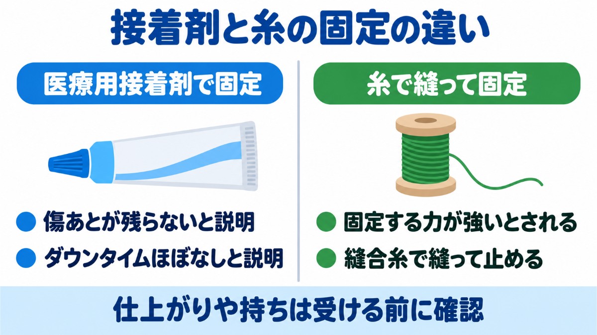 切らない包茎手術のうち、医療用接着剤で固定する方法と糸で固定する方法の違いを左右に比べた図