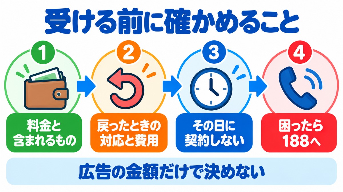 切らない包茎手術を受ける前に確かめたい4つのステップを示した図
