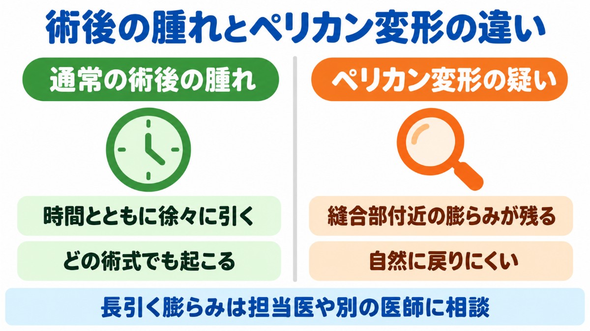 通常の術後の腫れとペリカン変形の見分け方を左右に比べた図。通常の腫れは時間とともに引き、ペリカン変形は縫合部付近の膨らみが長く残るため、担当医などに相談することを示す