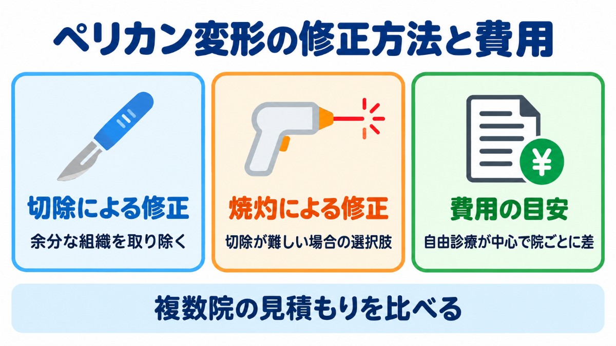 ペリカン変形の修正手術の方法を、余分な包皮と皮下組織を取り除く切除、切除が難しい場合の焼灼、自由診療が中心のため事前に見積もりを取る費用の3つに分けて示した図