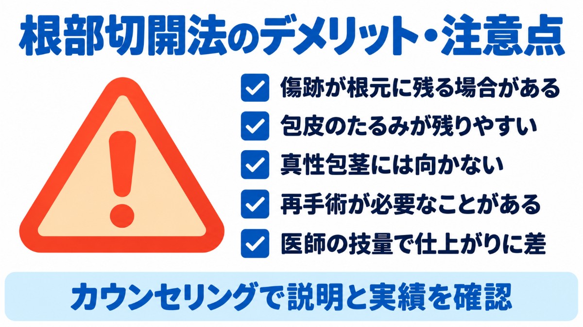 根部切開法のデメリットとして、傷跡が根元に残る場合、包皮のたるみ、真性包茎に向かないこと、再手術の可能性、医師の技量による差を示した図