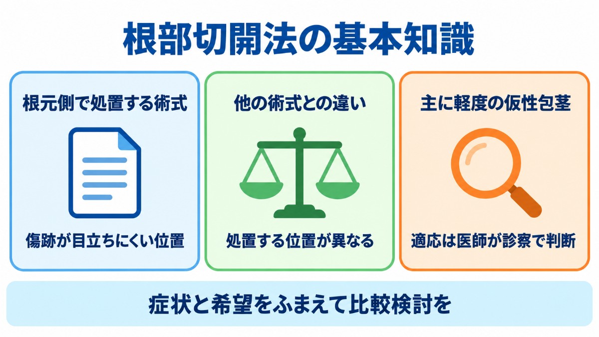 根部切開法の基本として、根元側で処置する術式であること、他の術式とは処置する位置が違うこと、主に軽度の仮性包茎に用いられることを示した図