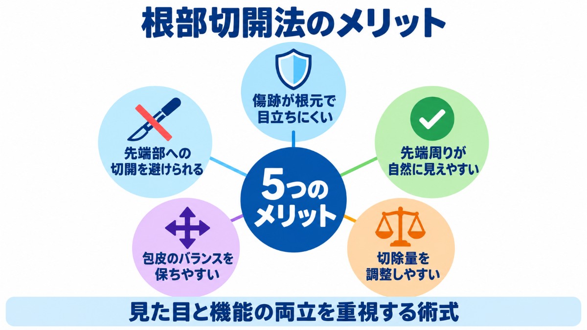 根部切開法の5つのメリット（傷跡が根元で目立ちにくい、先端周りが自然、切除量を調整しやすい、包皮のバランス、先端部を切開しない）を放射状に示した図
