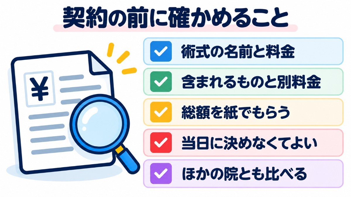 皐月クリニックで契約の前に確かめること（術式の名前と料金、含まれるものと別料金、総額を紙でもらう、当日に決めなくてよい、ほかの院とも比べる）のチェックリスト