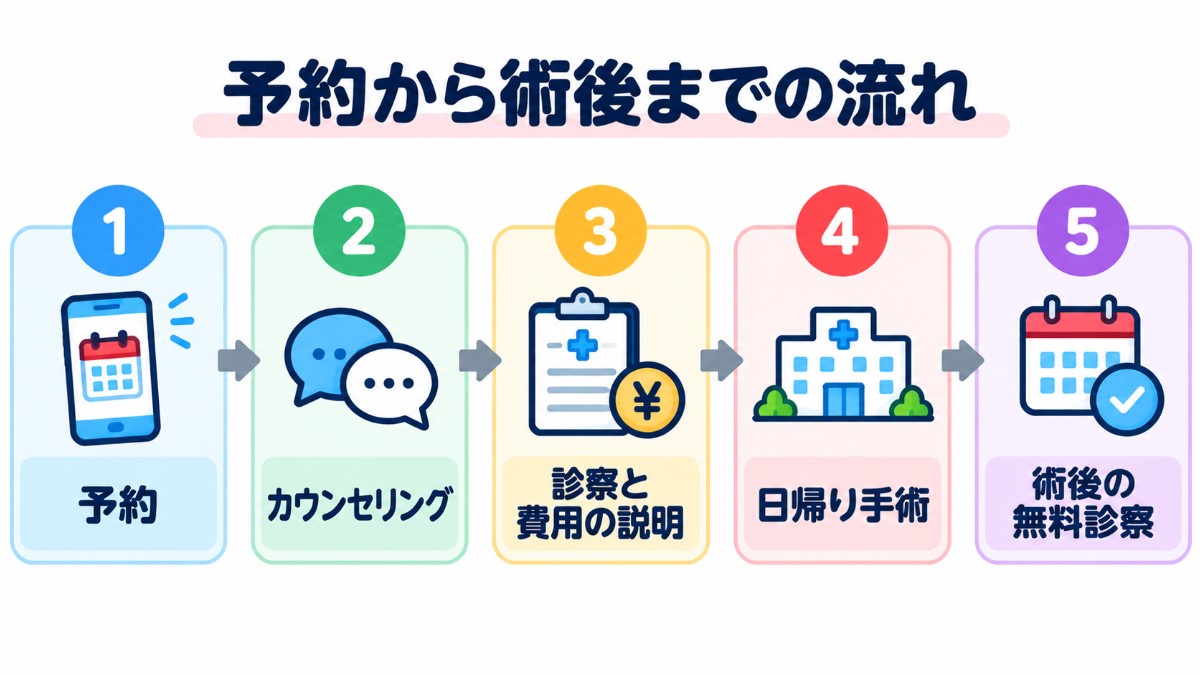 皐月クリニックの予約から術後までの流れ（予約、カウンセリング、診察と費用の説明、日帰り手術、術後の無料診察）を示した図