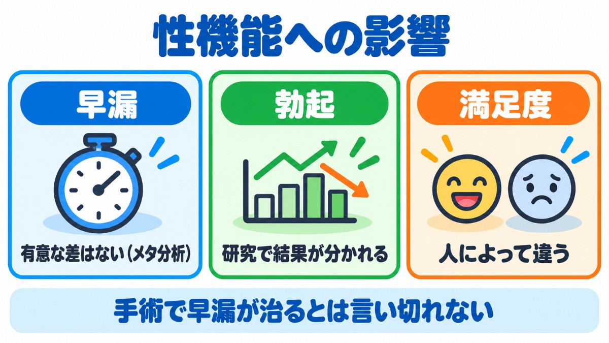 早漏・勃起・満足度への影響についての研究結果を3枚のカードで示した図