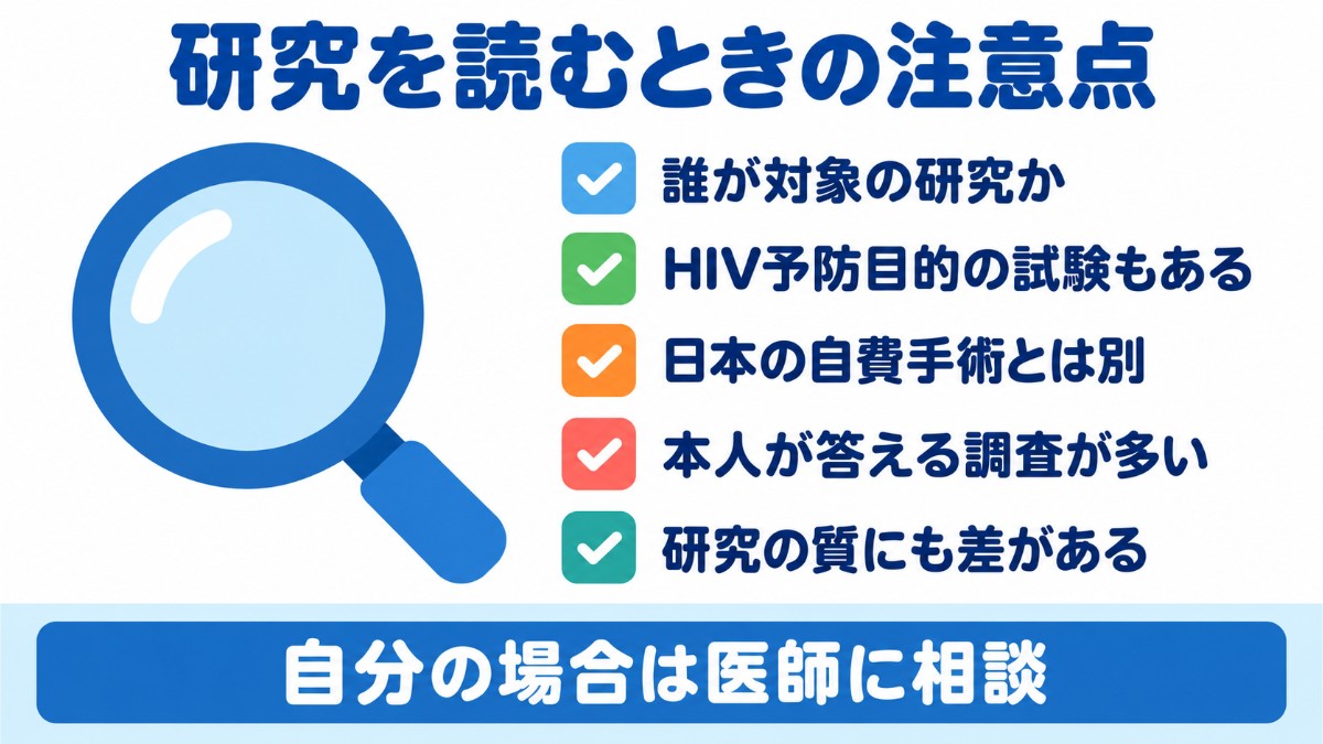 包茎手術と感度の研究を読むときに確かめたい、対象者、研究の目的、日本の自費手術との違い、調査方法、研究の質を並べたチェックリストの図