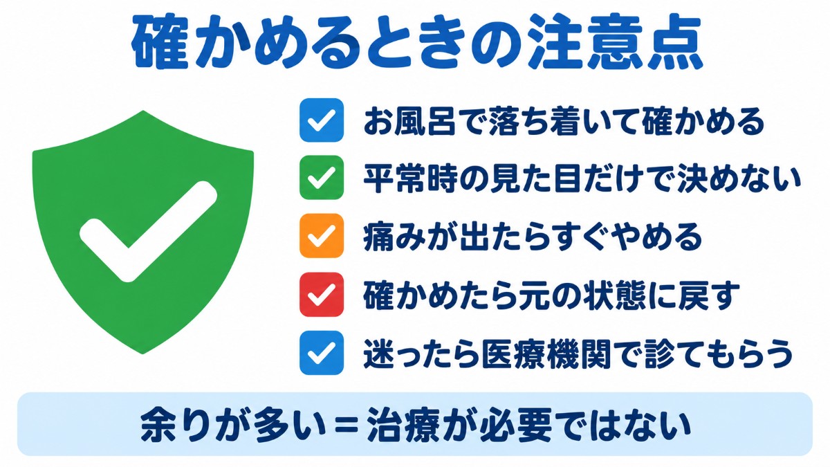 仮性包茎のレベルを確かめるときの注意点（お風呂で落ち着いて、平常時の見た目だけで決めない、痛みが出たらすぐやめる、元の状態に戻す、迷ったら医療機関へ）を並べたチェックリストの図