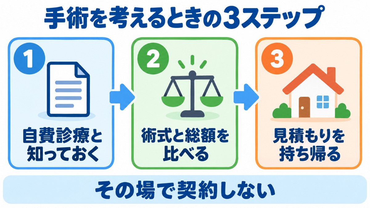 重度の仮性包茎で手術を考えるときの流れを示した図