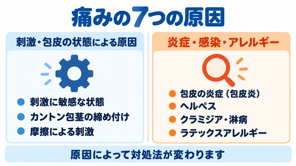 性行為中の痛みの7つの原因を、刺激や包皮の状態によるものと、炎症・感染・アレルギーによるものの2つに分けて整理した図