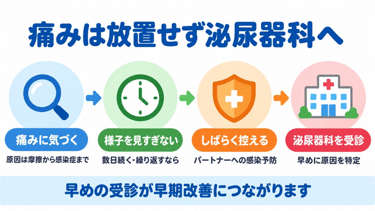 痛みに気づいたら、様子を見すぎずしばらく控え、早めに泌尿器科で原因を確かめるまでの流れを示した図