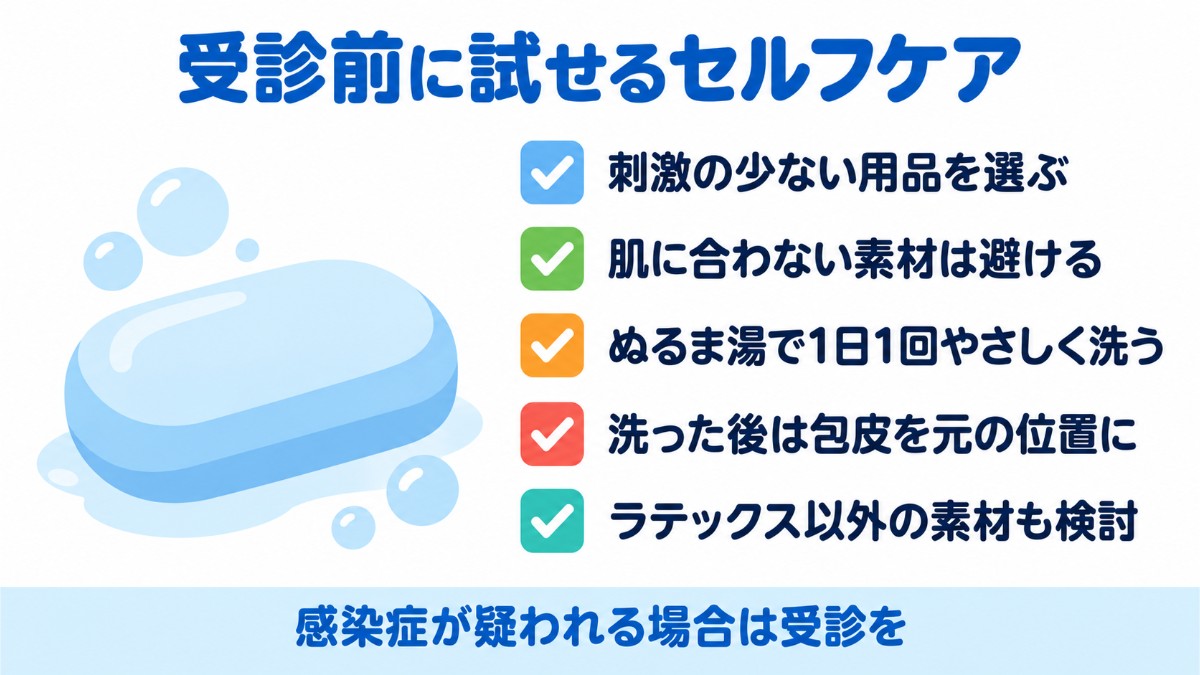 刺激の少ない用品や素材の選び方、包皮の清潔ケアなど、受診前に試せるセルフケアと予防策をまとめたチェックリストの図
