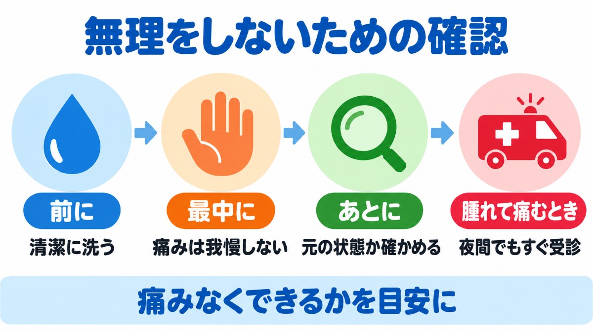 性行為の前に清潔に洗う、最中は痛みを我慢しない、あとに元の状態か確かめる、腫れて痛むときは夜間でもすぐ受診する流れを矢印で示した図