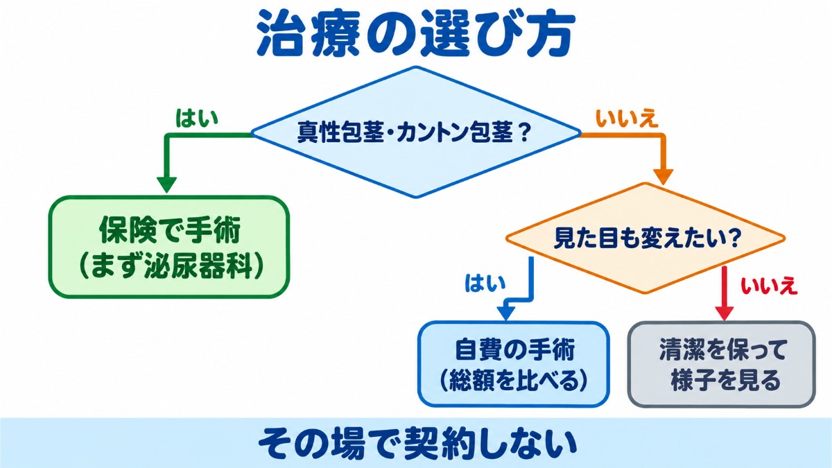 包茎の治療の選択肢を保険と自費で分けたフローチャート
