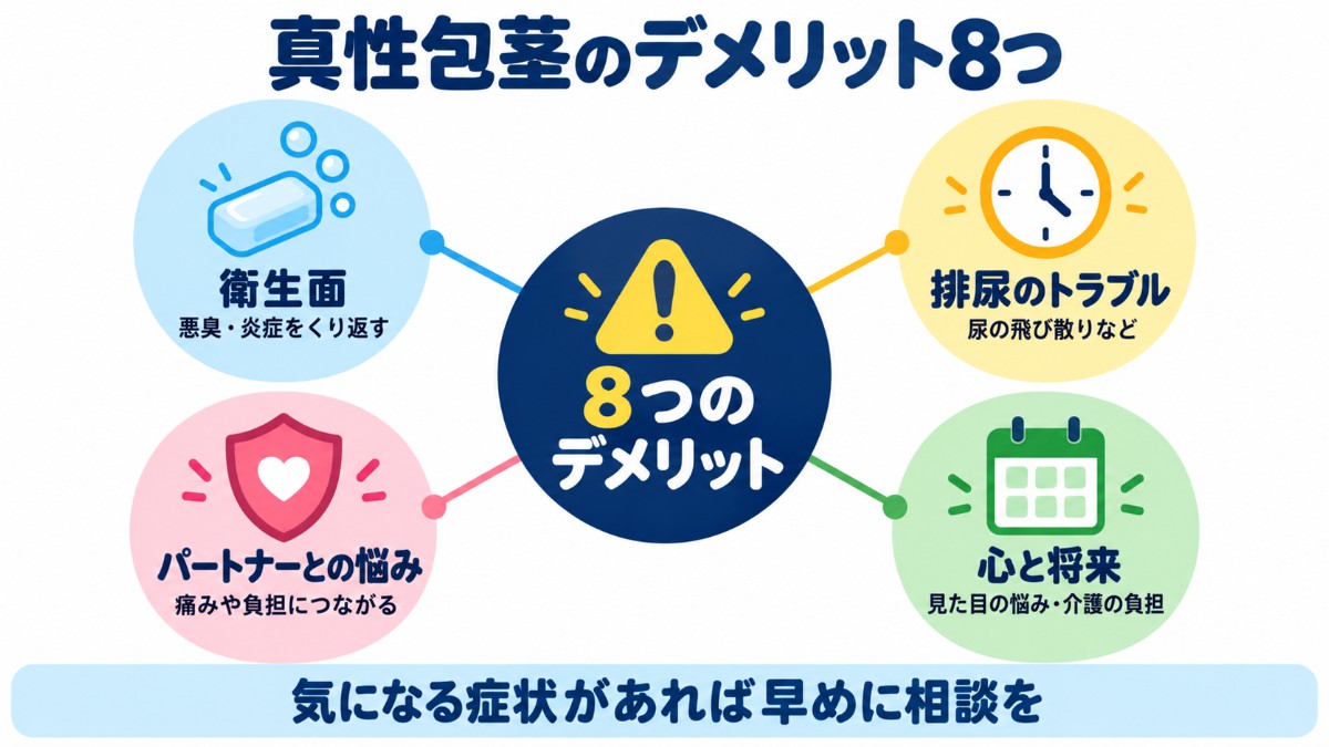 真性包茎の8つのデメリットを、衛生面、排尿のトラブル、パートナーとの悩み、心と将来の4つに分けて整理した図