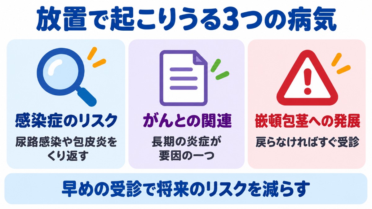真性包茎を放置した場合に起こりうる、感染症リスクの上昇、がんとの関連、嵌頓包茎への発展という3つの病気のリスクを示した図