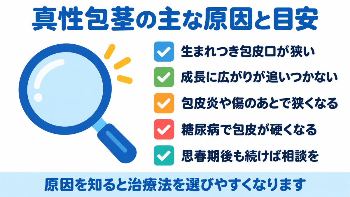 生まれつき包皮口が狭い、成長に広がりが追いつかない、包皮炎や傷のあとで狭くなる、糖尿病で包皮が硬くなるという真性包茎の主な原因と、思春期後も続く場合は相談する目安を示したチェックリストの図