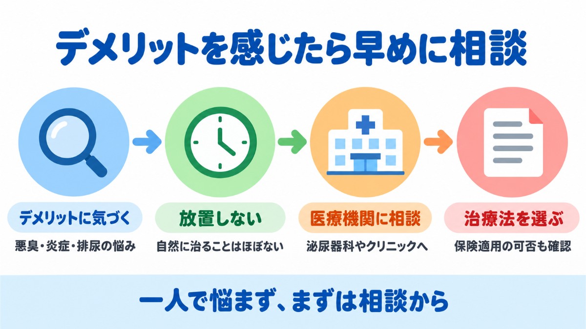 真性包茎のデメリットに気づいたら放置せず、泌尿器科やクリニックに相談して自分に合う治療法を選ぶまでの流れを示した図