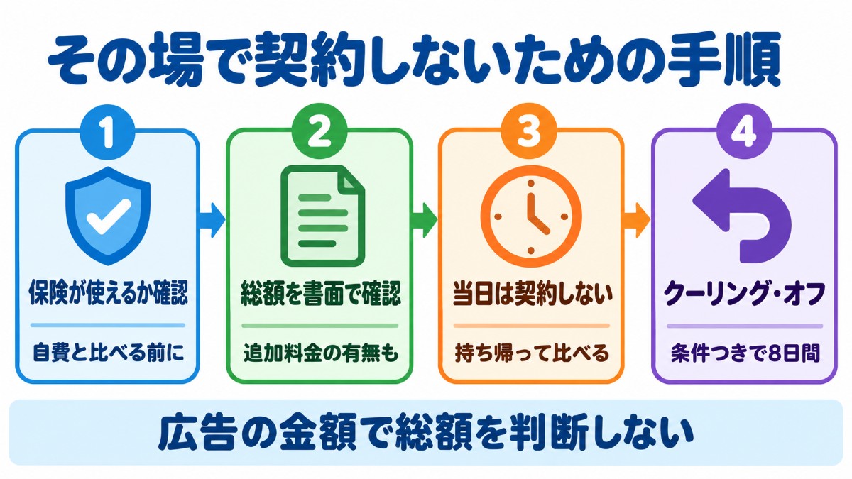 真性包茎の自費手術で、保険の確認、総額の書面確認、当日に契約しないこと、クーリング・オフの4つを番号順に並べた図