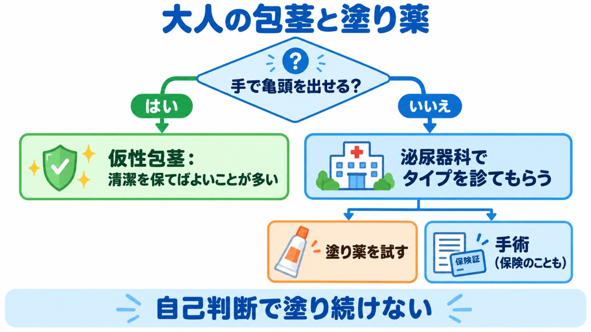 大人の包茎で塗り薬か手術かを考える流れを示したフローチャート