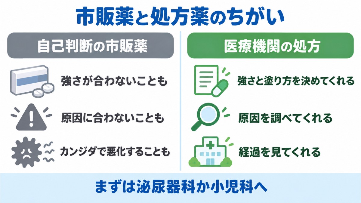 市販のステロイドと処方の塗り薬の違いを左右で比べた図