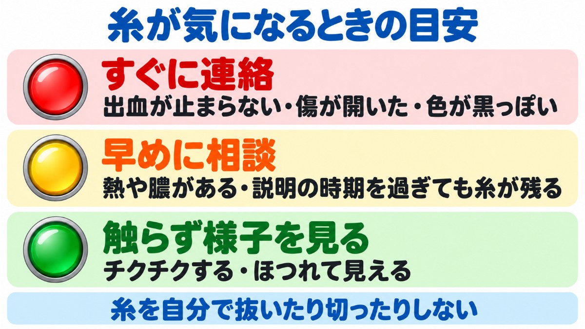 術後の糸のトラブルと連絡の目安を3段階で示した図