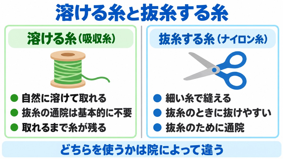 包茎手術で使う溶ける糸と抜糸する糸の違いを左右で比べた図