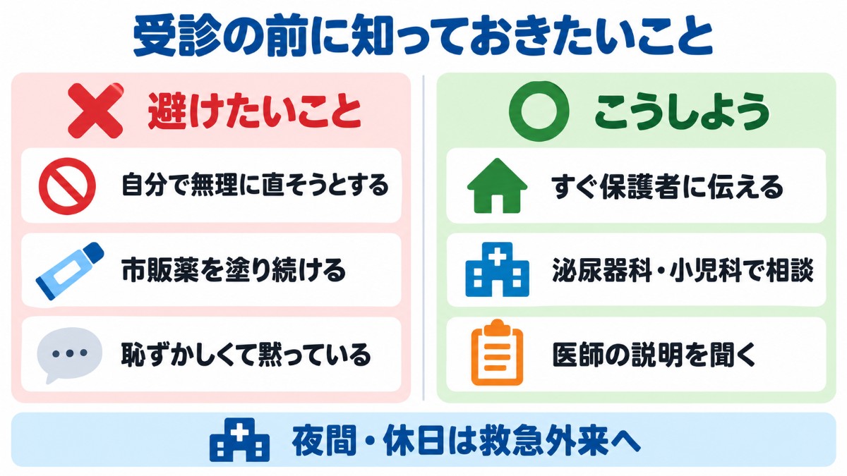 10代が受診の前に知っておきたいこととして、避けたいことと、保護者に伝えて泌尿器科・小児科で相談するなどの行動を左右に並べた図