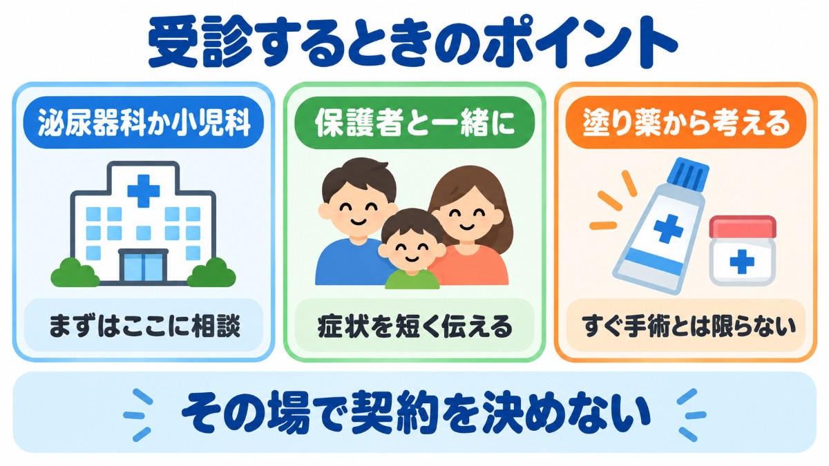 受診するときに知っておきたいことを3つのカードで示した図
