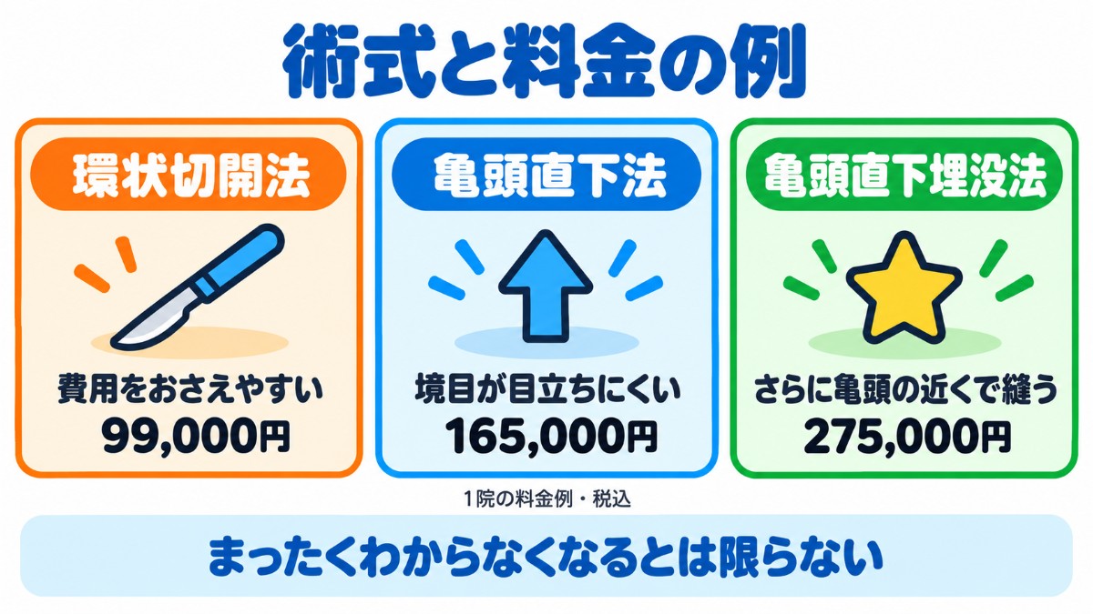 環状切開法・亀頭直下法・亀頭直下埋没法の特徴と料金例を3枚のカードで示した図