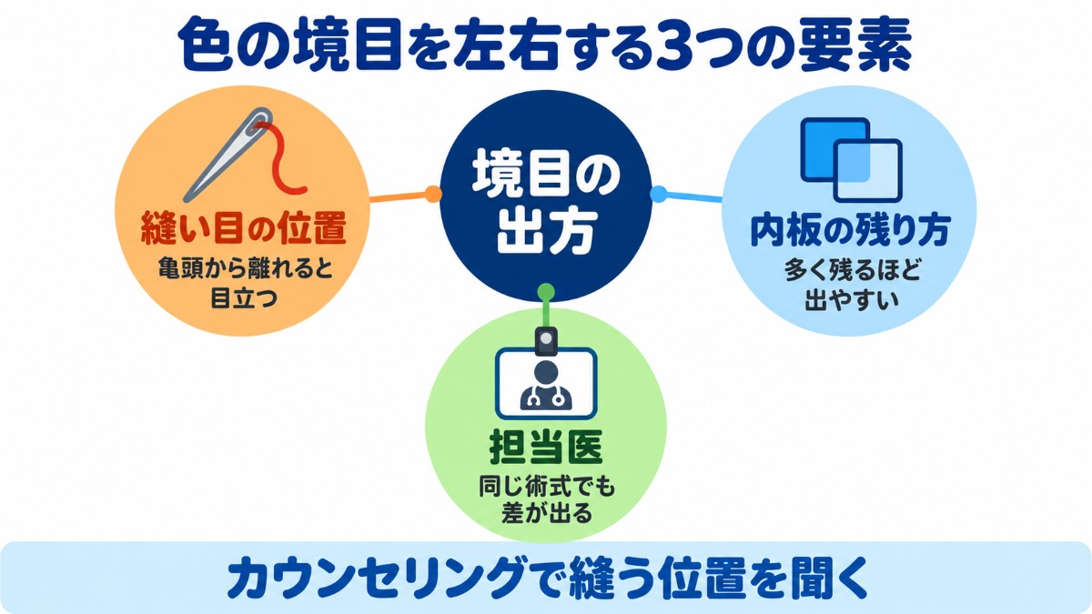 ツートンカラーの出方を左右する3つの要素(縫い目の位置、内板の残り方、担当医)を中央の円から線でつないで示した図