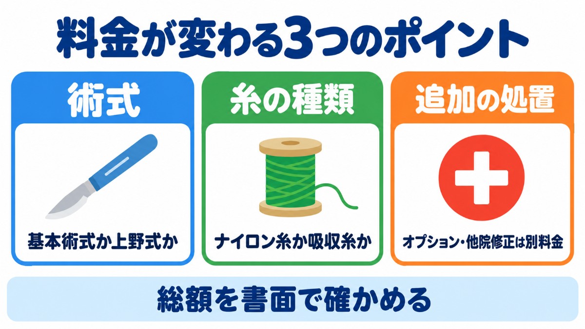 東京上野クリニックの料金が変わる3つのポイント（基本術式か上野式か、ナイロン糸か吸収糸か、オプションや他院修正の追加）を示した図